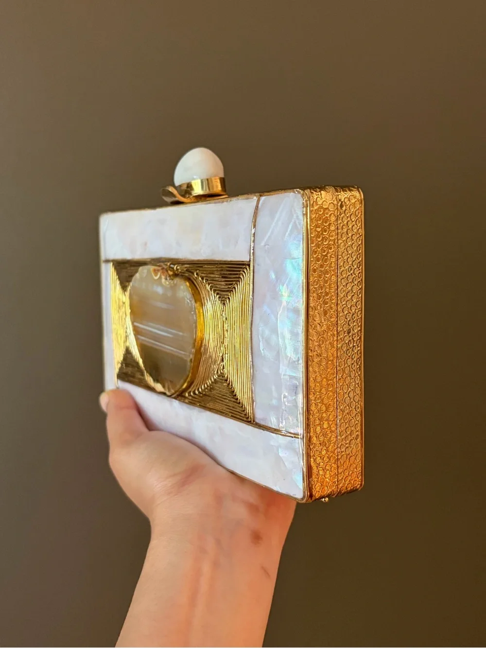 Iridescent Mother-of-Pearl & Gold Geode Frame Clutch